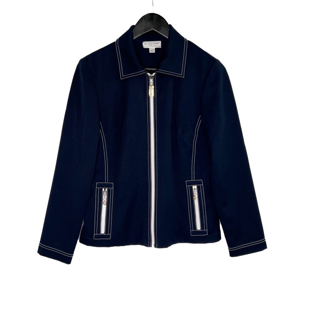 St. John Sport Jacket Zip Collared Jacket Pockets Navy Blue